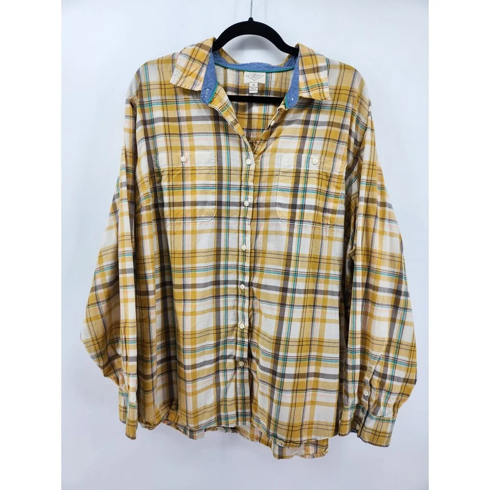St John's Bay Womens 2X Plaid Flannel Shirt Long Sleeve Button Up Top Yellow